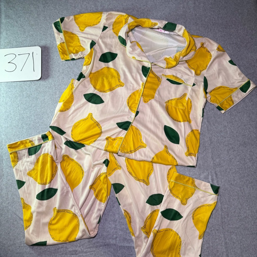 NJOY Lemon Print Pajama Set XXL Yellow Cream Button Down PJ Loungewear 2 piece